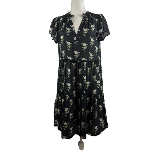 Anthropologie Black Daisy Floral Dress Small Sheer Mini V Neck Ruffle Sleeve - Picture 12 of 14